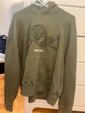 Palm Angels Olive Green Distressed Applique Hoodie